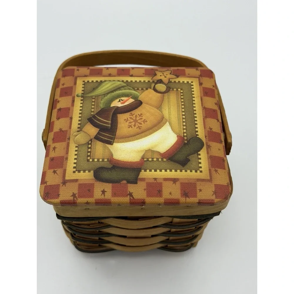 Vintage Winter Magic Holiday Snowman Wooden Square Lidded Handled Basket Brown